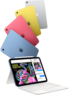 iPad in blue, pink, yellow and silver colours and iPad attached to the Magic Keyboard Folio with Apple Pencil