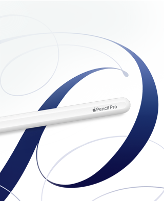 Un Apple Pencil Pro est posé sur des motifs dessinés à la main illustrant ses fonctionnalités avancées pour la créativité