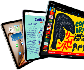 Trois iPad Air montrant iPadOS et des fonctionnalités d’apps
