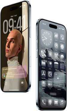 Deux iPhone Air, vue de l’avant, vue du côté, profil fin, écran verrouillé, fonctionnalité d’intelligence visuelle en cours d’utilisation