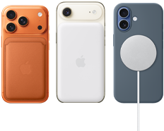 iPhone 17 Pro, face arrière, orange cosmique, et portefeuille à tissage fin, avec MagSafe, orange fauve; iPhone Air, face arrière, or clair, batterie MagSafe; iPhone 17, face arrière, bleu aube, avec étui en silicone bleu nautique et chargeur MagSafe