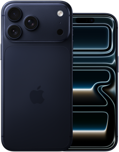 Côte à côte, iPhone 17 Pro Max, face arrière, système caméra Pro, 3 objectifs, microphone, flash, bleu foncé, iPhone 17 Pro, face avant, écran intégral, bleu foncé
