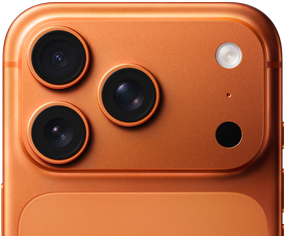 iPhone 17 Pro, orange cosmique, face arrière partiellement visible, système caméra Pro dans le coin supérieur gauche, 3 objectifs, microphone, flash