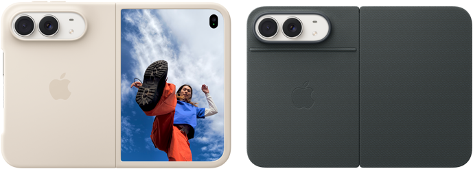 iPhone Duo, couleur blanc stellaire, dans un étui en silicone sable, orientation paysage, complètement ouvert à l’horizontale, deux caméras Fusion dans le coin supérieur gauche, l’étui couvre la face arrière externe et les bordures extérieures de l’écran avant, à droite, l’écran externe affiche le portrait d’une personne. iPhone Duo, couleur blanc stellaire, complètement ouvert à l’horizontale, étui Folio à support intégré bleu marine, face arrière externe présentant les deux caméras arrière Fusion 48 Mpx, deux objectifs