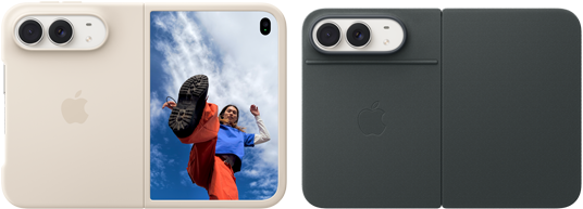 iPhone Duo, couleur blanc stellaire, dans un étui en silicone sable, orientation paysage, complètement ouvert à l’horizontale, deux caméras Fusion dans le coin supérieur gauche, l’étui couvre la face arrière externe et les bordures extérieures de l’écran avant, à droite, l’écran externe affiche le portrait d’une personne. iPhone Duo, couleur blanc stellaire, complètement ouvert à l’horizontale, étui Folio à support intégré bleu marine, face arrière externe présentant les deux caméras arrière Fusion 48 Mpx, deux objectifs