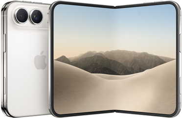 iPhone Duo, face arrière externe pliée, couleur blanc stellaire, système à deux caméras Fusion dans le coin supérieur gauche, logo Apple au centre. Écran interne déplié, écran intégral, coins arrondis