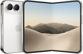 iPhone Duo, face arrière externe pliée, couleur blanc stellaire, système à deux caméras Fusion dans le coin supérieur gauche, logo Apple au centre. Écran interne déplié, écran intégral, coins arrondis