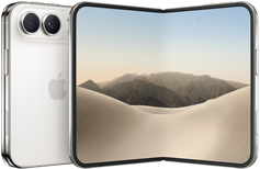 iPhone Duo, face arrière externe pliée, couleur blanc stellaire, système à deux caméras Fusion dans le coin supérieur gauche, logo Apple au centre. Écran interne déplié, écran intégral, coins arrondis