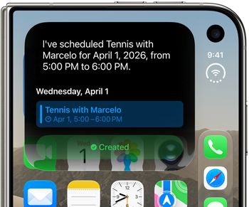 iPhone Duo, plié, l’écran externe affiche une notification Siri A I indiquant une mise à jour du calendrier