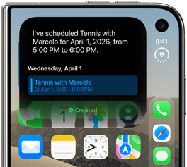 iPhone Duo, plié, l’écran externe affiche une notification Siri A I indiquant une mise à jour du calendrier