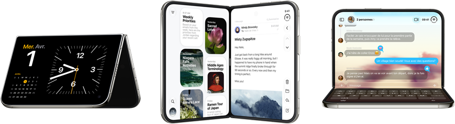 iPhone Duo, dans différentes positions : à l’envers, ouvert et en orientation paysage; déplié et légèrement en angle, écran externe, écran intégral. Debout et légèrement ouvert à la manière d’un livre. Ouvert en orientation paysage, déplié à angle droit, écran interne, écran intégral