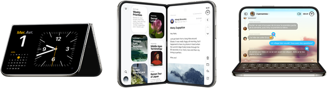 iPhone Duo, dans différentes positions : à l’envers, ouvert et en orientation paysage; déplié et légèrement en angle, écran externe, écran intégral. Debout et légèrement ouvert à la manière d’un livre. Ouvert en orientation paysage, déplié à angle droit, écran interne, écran intégral