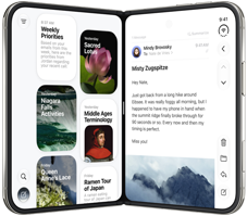 iPhone Duo, dans différentes positions : à l’envers, ouvert et en orientation paysage; déplié et légèrement en angle, écran externe, écran intégral. Debout et légèrement ouvert à la manière d’un livre. Ouvert en orientation paysage, déplié à angle droit, écran interne, écran intégral