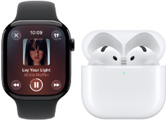 Apple Watch Series 11, boîtier en titane ardoise, bracelet : sport noir, app Apple Music ouverte, jumelée avec des AirPods 4