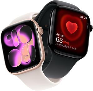 Apple Watch Series 11, aluminium or rose, cadran Illustration réactive, côté droit extérieur : Digital Crown, microphone, bouton latéral, bracelet sport rose tendre, Apple Watch Series 11, aluminium noir de jais, app Fréquence cardiaque, battements par minute actuels, côté droit extérieur : Digital Crown, bracelet sport noir