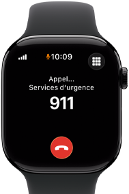 Apple Watch Series 11, boîtier en aluminium noir de jais, appel d’urgence au 911 à l’écran, côté droit extérieur : Digital Crown, bracelet sport noir